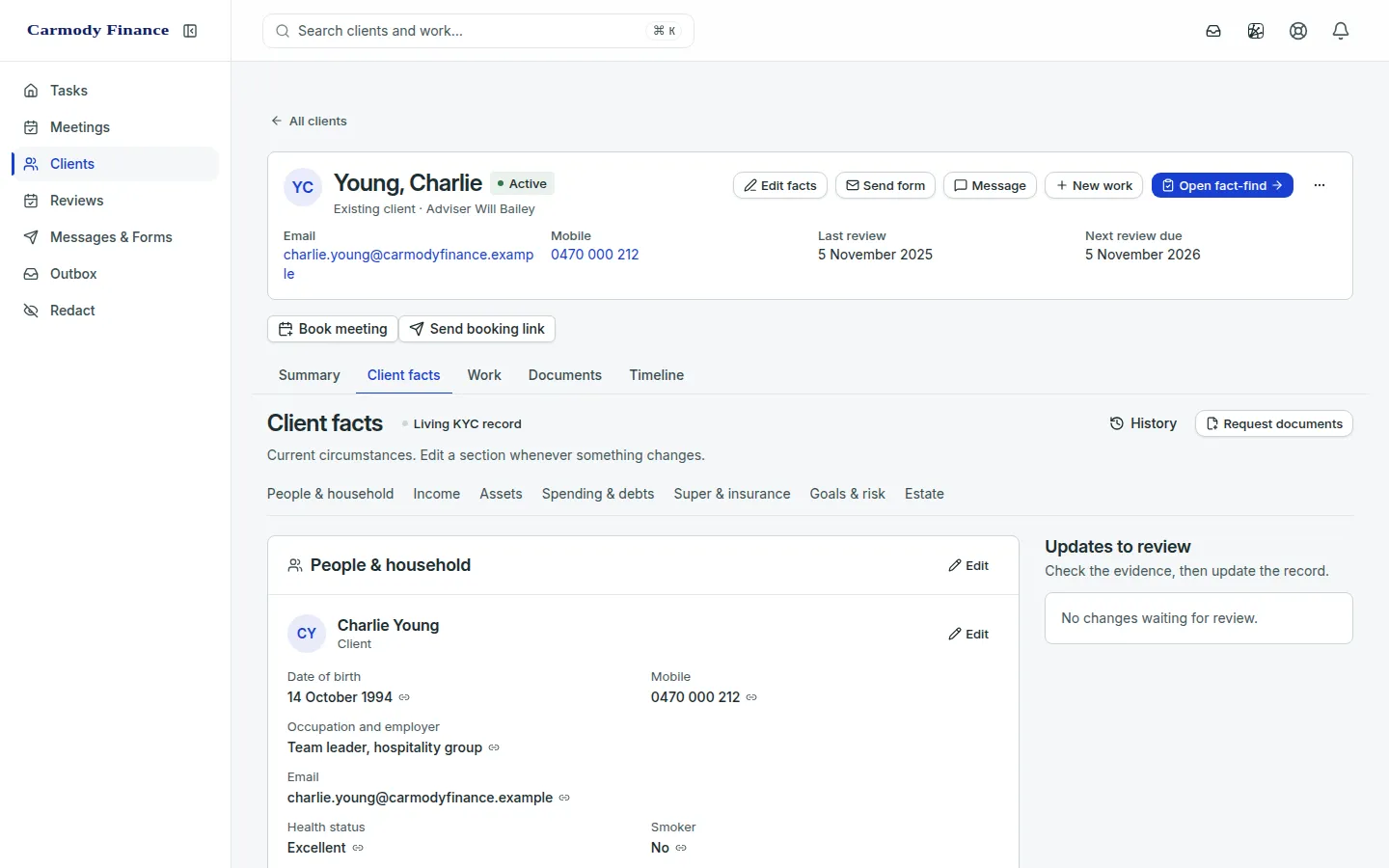 A client record in HELM showing the client facts tab and updates to review