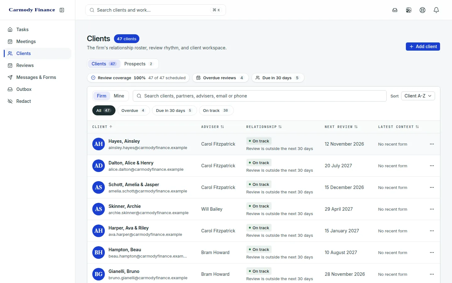 The HELM client roster with review coverage, overdue reviews and next review dates