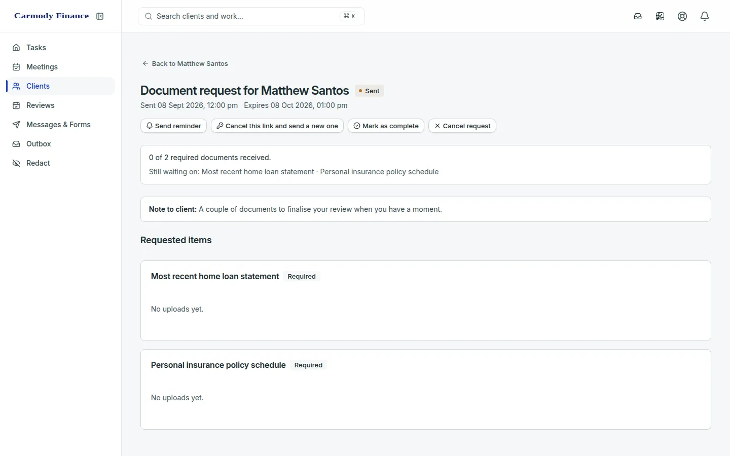 A HELM document request showing which required documents the client has sent