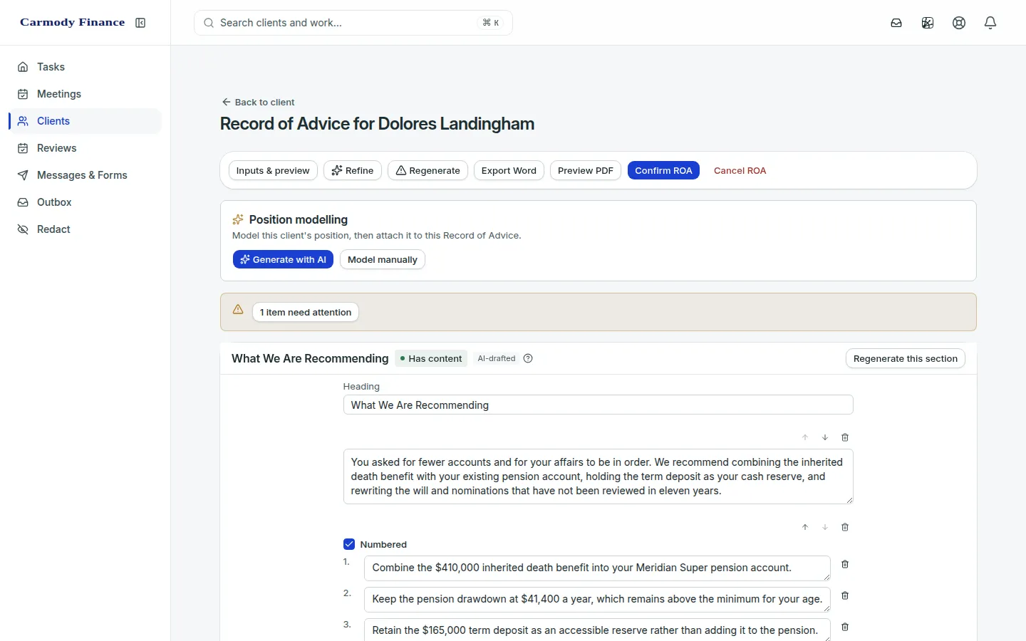 An AI-drafted Record of Advice in HELM with section regenerate and Word export